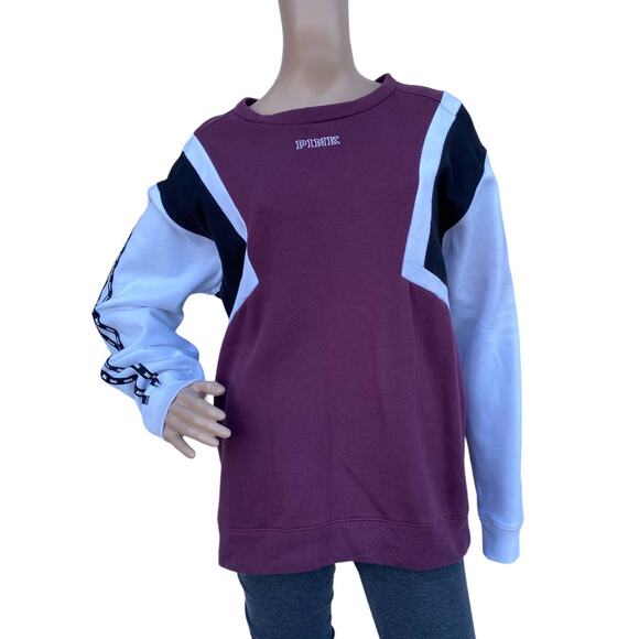 PINK Victoria's Secret Colorblock Crewneck Sweatshirt M Maroon & White Pullover - Picture 1 of 6